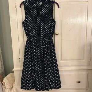 Navy and white polka dot dress